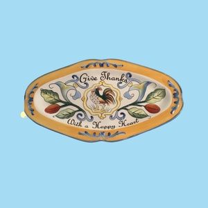 Fitz & Floyd Ricamo Rooster Serving Tray Give Thanks With A Happy Heart 11" x 6"